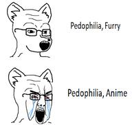 2soyjaks angry animal anime bloodshot_eyes crying ear furry glasses open_mouth pedophile reaction soyjak text variant:chudjak variant:classic_soyjak // 604x574 // 38.7KB