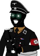 black_skin clothes glowing_eyes green_eyes hat nazi necktie open_mouth soyjak stubble swastika thougher thrembo uniform variant:classic_soyjak // 309x433 // 57.2KB