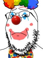 bowtie clown crying glasses hair makeup rainbow sad soyjak stubble variant:wholesome_soyjak // 600x800 // 206.7KB