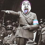 adolf_hitler glasses hair mustache nazi_salute nazism open_mouth purple_hair salute sieg_heil soyjak stubble tongue tranny variant:bernd yellow_teeth // 900x895 // 2.0MB