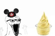 animated arm disney disneyland dole_whip excited food glasses hair hand hands_up mickey mickey_mouse open_mouth poyunpoyun soyjak stubble subvariant:wewjak text variant:soyak white_background // 538x360 // 2.0MB