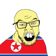 clothes country flag flag:north_korea glasses north_korea open_mouth small_eyes soyjak star_(symbol) stubble variant:feraljak yellow_skin // 1500x1500 // 38.5KB