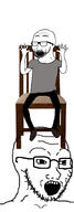 2soyjaks arm chair closed_eyes clothes full_body glasses hand hands_up hat leg open_mouth sitting soyjak stubble variant:classic_soyjak variant:excited_soyjak // 644x1841 // 357.7KB