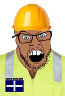 angry australia blue_eyes body_hair brown_skin clothes construction_worker glasses hard_hat open_mouth soyjak stubble text union variant:feraljak wagie // 1188x1744 // 379.2KB