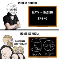 closed_mouth crossed_arms glasses home_school math nordic_chad public_school racism school science smug soyjak stubble text variant:soyak volume // 1080x1080 // 123.7KB