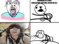 cereal_guy glasses hair mustache open_mouth purple_hair rage_comic soyjak stubble text tongue tranny troon variant:bernd yellow_teeth // 523x396 // 206.3KB