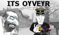adolf_hitler angry auschwitz belt black_and_white closed_mouth clothes crying glasses hand happy_merchant hat holding_object irl_background its_over jewish_star judaism nazism oy_vey pun punisher_face soyjak stubble text totenkopf variant:markiplier_soyjak // 1092x660 // 677.4KB