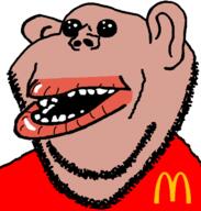 amerimutt brown_skin clothes ear lips mcdonalds mutt oh_my_god_she_is_so_attractive open_mouth red_shirt soyjak stubble subvariant:impish_amerimutt variant:impish_soyak_ears // 598x628 // 46.4KB