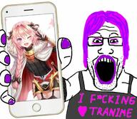 anime arm astolfo clothes fate_grand_order glasses hand holding_object i_love makeup open_mouth painted_nails phone pink_hair purple_hair soyjak soyjak_holding_phone stubble text tranny variant:markiplier_soyjak white_skin // 680x593 // 81.2KB