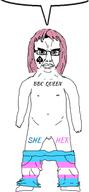 bbc closed_mouth glasses penis pink_hair pronouns queen_of_spades small_penis soyjak speech_bubble text tranny variant:chudjak // 668x1440 // 92.5KB