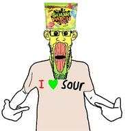 arm candy clothes ear food glasses green hand hat oh_my_god_she_is_so_attractive open_mouth pointing sour sour_candy sour_patch_kids soyjak stretched_mouth stubble tshirt variant:markiplier_soyjak variant:shirtjak yellow // 618x647 // 73.3KB