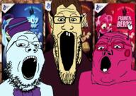 3soyjaks antenna blue blue_skin boo_berry bowtie brown_hair cereal cereals clothes count_chocula ear food franken_berry glasses hair halloween hat monster_cereals open_mouth pink pink_skin soyjak soyjak_trio stretched_mouth stubble variant:gapejak variant:markiplier_soyjak variant:tony_soprano_soyjak white_skin // 1596x1128 // 1.2MB