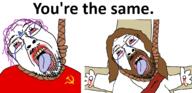 2soyjaks beard bloodshot_eyes christianity communism cross crying dead glasses hammer_and_sickle hand jesus long_hair nails open_mouth rope stubble tongue tranny variant:bernd yellow_teeth // 1454x704 // 694.0KB