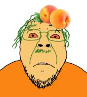 food frown fruit fruitjak glasses green_hair hair mustache orange_eyes orange_skin peach soyjak stubble variant:bernd // 998x1113 // 286.2KB