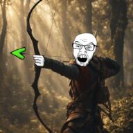 angry arrow bag bags_under_eyes_under bow bush clothes eyebags finger forest full_body glasses green_arrow greentext hand irl leaf leaves meme_arrow open_mouth plant quiver shadow soyduel soyjak stubble thick_eyebrows tree variant:feraljak weapon wood // 1024x1024 // 1.2MB