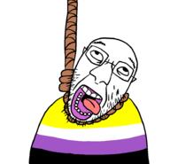 flag flag:non-binary_pride_flag glasses hanging lgbt non-binary open_mouth pride_flag rope soyjak stubble suicide tongue variant:rizzjak // 932x897 // 15.6KB