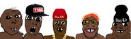 5soyjaks baby black_skin blunt clothes deformed glasses gold_chain grinlook_poggers hat obey_hat open_mouth smile stubble subvariant:gerald subvariant:jacobson subvariant:nathaniel thug_life variant:a24_slowburn_soyjak variant:cobson variant:david variant:gapejak variant:markiplier_soyjak watermelon weed // 1304x392 // 253.1KB