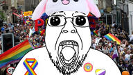 clothes faggot flag flag:non-binary_pride_flag gay glasses hat irl_background non-binary oh_my_god_she_is_so_attractive open_mouth pride_flag pride_parade rabbit rabbit_ears soyjak stubble variant:gapejak // 1947x1098 // 1.5MB