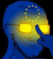 blue closed_mouth europe european_union glasses glowing_glasses hand politics smile smirk smug soyjak stubble variant:classic_soyjak yellow_glow // 597x665 // 325.5KB