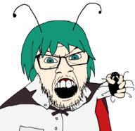 angry anime antenna arm bug clothes female glasses green_eyes green_hair hair hand holding_object mustache open_mouth soyjak stubble touhou variant:feraljak video_game white_skin wriggle_nightbug you_will // 1600x1547 // 121.8KB