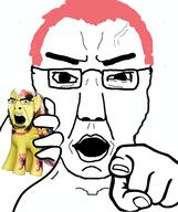 2soyjaks angry animal glasses hair hand my_little_pony open_mouth pink_hair pointing pointing_at_viewer pony soyjak stubble subvariant:chudjak_front variant:chudjak variant:cobson vein yellow_skin // 490x586 // 130.7KB