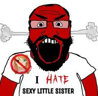 angry anime anime_female arm balding beard blue_eyes blush brown_hair clothes dress female fume girl glasses hair i_hate incest loli open_mouth red red_skin soyjak subvariant:science_lover text tshirt variant:markiplier_soyjak // 1280x1262 // 185.6KB