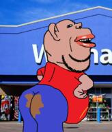amerimutt arm ass belly brown_skin clothes ear fat hand irl_background jeans leg lips looking_at_you mcdonalds mutt open_mouth poop red_shirt shart_in_mart side_profile soyjak stubble subvariant:impish_amerimutt variant:impish_soyak_ears walmart // 673x789 // 512.0KB