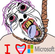 bloodshot_eyes clothes crying deformed flag glasses hanging i_love microsoft mustache open_mouth purple_hair rope soyjak stubble suicide text tongue tranny variant:gapejak_front yellow_teeth // 725x711 // 506.2KB