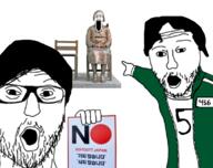 3soyjaks arm badge boycott glasses hand holding_object japan mustache open_mouth pointing sign soyjak squid_game statue stubble tagme variant:markiplier_soyjak variant:two_pointing_soyjaks // 1135x900 // 552.6KB