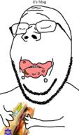 arm closed_eyes closed_mouth food frown glasses hand its_over judaism msg sandwich soyjak star_of_david stubble subvariant:wholesome_soyjak subway text variant:gapejak // 450x765 // 111.2KB