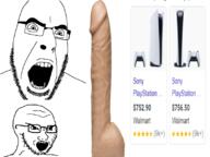 2soyjaks angry bwc dildo glasses nsfw open_mouth penis playstation playstation_5 soyjak stubble text variant:cobson variant:soyak walmart // 809x607 // 235.8KB