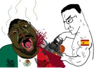 2soyjaks angry arm blood bloodshot_eyes brown_skin buff chainsaw closed_mouth crying fat flag glasses hair hand holding_object mexico mustache open_mouth side_profile soyjak spain stubble variant:bernd variant:chudjak yellow_teeth // 1238x872 // 407.3KB