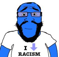 arm balding beard blue_skin calm closed_mouth clothes downvote glasses hair i_hate racism reddit smile soyjak subvariant:science_lover text tshirt variant:markiplier_soyjak // 816x785 // 73.1KB