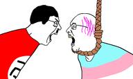2soyjaks flag glasses hair hanging looking_at_each_other mustache nazism open_mouth pink_hair redraw rope soyjak stubble suicide swastika tongue tranny variant:chudjak variant:quarrel_soyjaks yellow_teeth // 1500x892 // 50.9KB