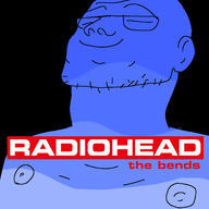 album_cover black_background blue_skin calm closed_eyes closed_mouth ear glasses looking_up music nipple radiohead smile soyjak stubble text the_bends variant:unknown // 1500x1500 // 522.3KB
