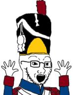 arm clothes france glasses hand hands_up hat military open_mouth soyjak stubble variant:classic_soyjak // 419x543 // 19.3KB