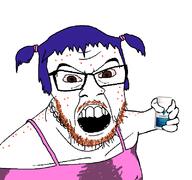 acne angry arm blue_hair clothes glasses hair hand holding_object hrt meds mustache open_mouth soyjak stubble tranny variant:feraljak // 800x750 // 55.9KB