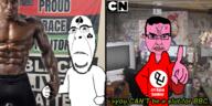 2soyjaks anger_mark angry arm bbc biting_lip bloodshot_eyes cartoon_network clothes crying distorted flag glasses greentext hair hand kris_kane pink_skin queen_of_spades red_shirt soyjak steven_universe subvariant:chudjak_front subvariant:hornyson swastika sweating tattoo text variant:chudjak variant:cobson // 1000x500 // 607.1KB
