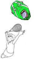 2soyjaks ball clothes femjak full_body glasses green_skin hair hat holding_object jump open_mouth racket soyjak stubble subvariant:gapejak_female tennis tongue variant:gapejak variant:gapejak_front // 958x1588 // 167.8KB