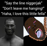 black_skin bloodshot_eyes brown_skin gigachad meme nigger nigger_weed racism soyjak suicide text tranny variant:bernd // 3072x3004 // 2.0MB