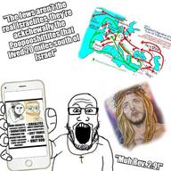 aryan bible bible_verse blond blue_eyes christian_identity christianity frog glasses holding_object holding_phone iphone israel jesus judaism map nordic open_mouth pepe religion revelation_(bible) revelation_2:9 soyjak subvariant:phoneplier subvariant:phoneplier_vertical teeth variant:markiplier_soyjak yellow_hair // 640x640 // 151.8KB