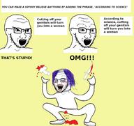 3soyjaks angry arm autistic_screeching blood clothes crazed flag full_body glasses hair hand knife leg looking_down makeup necklace neovagina open_mouth penis purple_hair soyjak stubble test tranny variant:classic_soyjak // 1998x1883 // 505.1KB