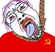 bloodshot_eyes clothes commie_pedo_troon communism crying flag glasses hair hanging mustache noose open_mouth pedophile purple_hair rope soyjak stubble suicide tongue tranny variant:gapejak_front yellow_teeth // 768x719 // 432.8KB