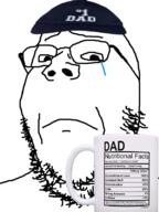 cap closed_mouth clothes crying cup father frown glasses hat mug soyjak stubble text variant:gapejak // 600x800 // 184.6KB