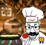 arm chef_hat clothes copypasta frog glasses holding_object irl_background mustache pasta pepe perro_hold pun soyjak stubble text tomato variant:el_perro_rabioso // 600x588 // 249.1KB