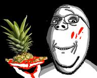 black_background blood cannibalism food fruit glasses hand holding_object ominous pineapple smile soyjak stubble variant:wholesome_soyjak // 1000x800 // 223.4KB
