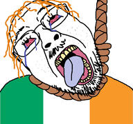 bloodshot_eyes country crying flag freckles ginger ginger_hair glasses inbred ireland irish_flag open_mouth orange_hair rope soyjak stubble tongue variant:bernd yellow_teeth // 768x719 // 284.0KB