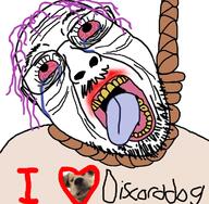 animal bloodshot_eyes clothes crying discord discord_dog dog glasses hair hanging i_love open_mouth purple_hair rope soyjak stubble suicide text tired tongue variant:bernd wrinkles yellow_teeth // 726x711 // 473.2KB