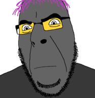 closed_mouth frown glasses grey_skin hair lolkek purple_hair soot soot_colors soyjak soyjak_party stubble variant:cobson // 721x741 // 40.0KB
