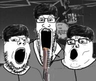 3soyjaks clothes gigachad glasses hair irl_background microphone music open_mouth soyjak soyjak_trio stretched_mouth stubble the_beatles variant:gapejak variant:markiplier_soyjak variant:tony_soprano_soyjak // 750x632 // 343.9KB